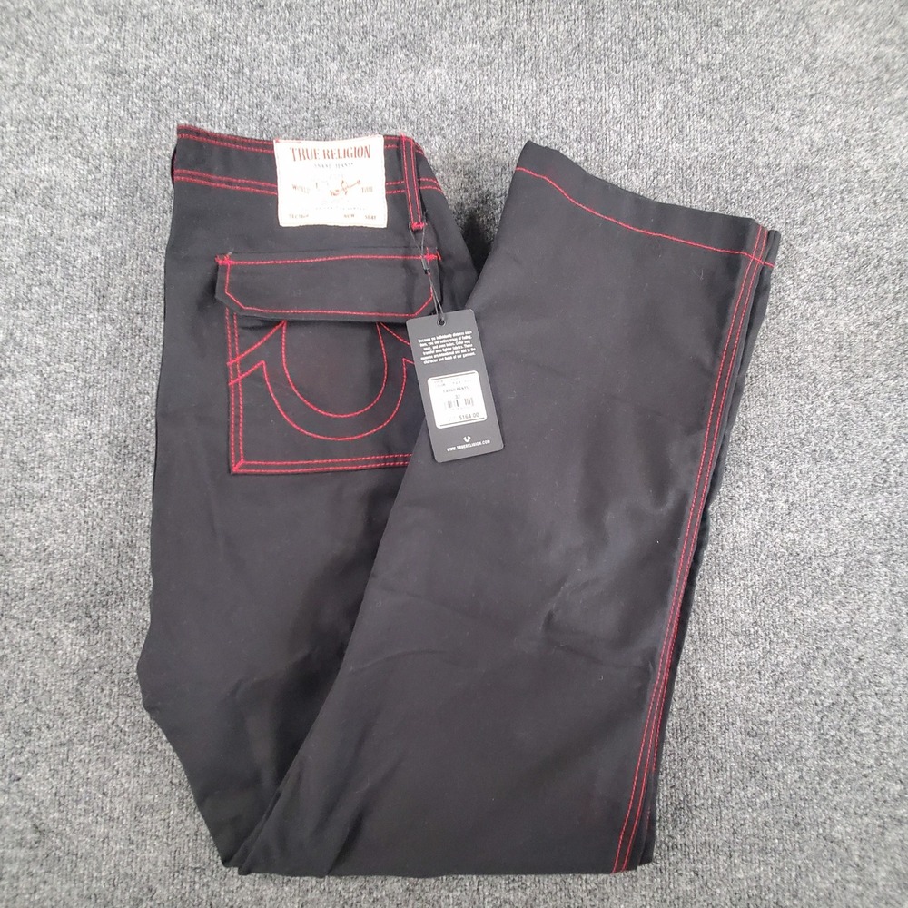 True Religion Cargo Pants Men 32 (FIT 33) Jet Black Red Contrast Stitch NEW